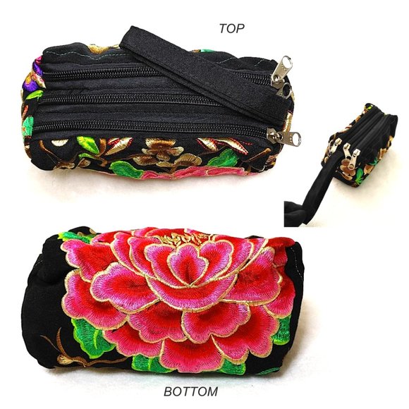 Embroidered Floral Fabric Wristlet Pouch Black Pink 3-Layer Zipper Wallet Lined - Picture 4 of 11